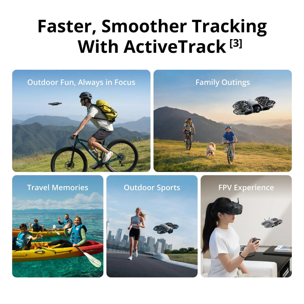 Infografía de seguimiento ActiveTrack para dron: ciclistas, deportes y experiencia FPV.