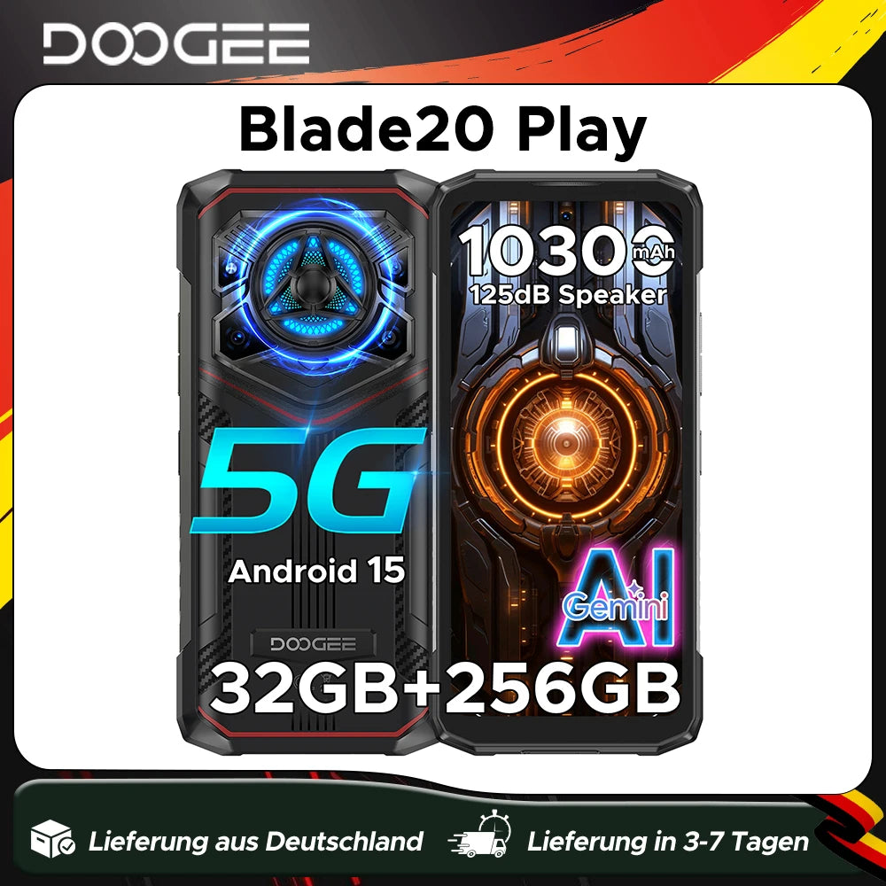 Versión global DOOGEE Blade20 Play, teléfono móvil resistente 5G de 6.6'', IA Gemini, altavoz de 125dB, batería de 10300mAh, NFC, Android 15