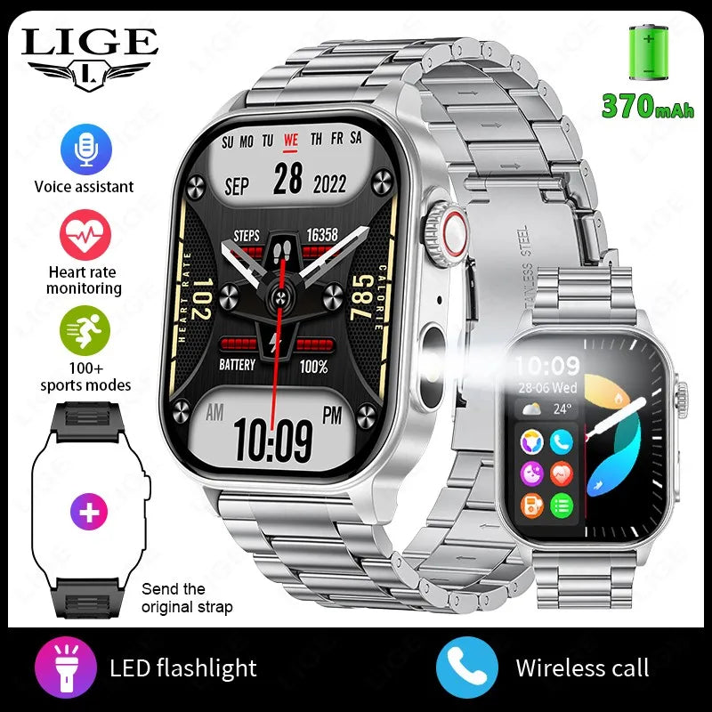 LIGE 2026 New Women Smart Watch Flashlight 2.01” HD Display AI Voice Bluetooth Call Sports Watches Health Monitor Smartwatch Men