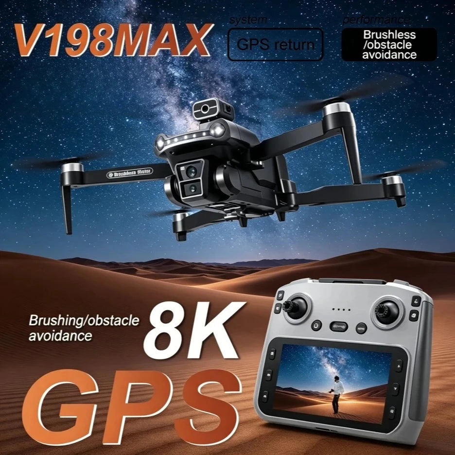 Dron GPS negro con 4 hélices y cámara frontal; mando con pantalla