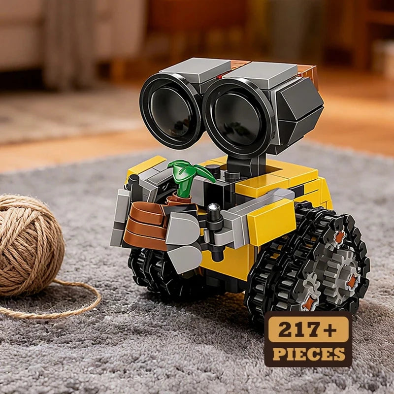 Set de bloques mini robot tipo vehículo con piezas 217+; cuerpo amarillo y ruedas negras
