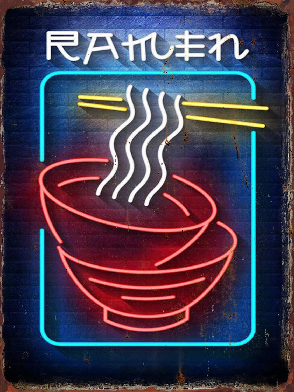 Letrero metálico de lata con neón de plato y fideos en rojo, azul y borde luminoso