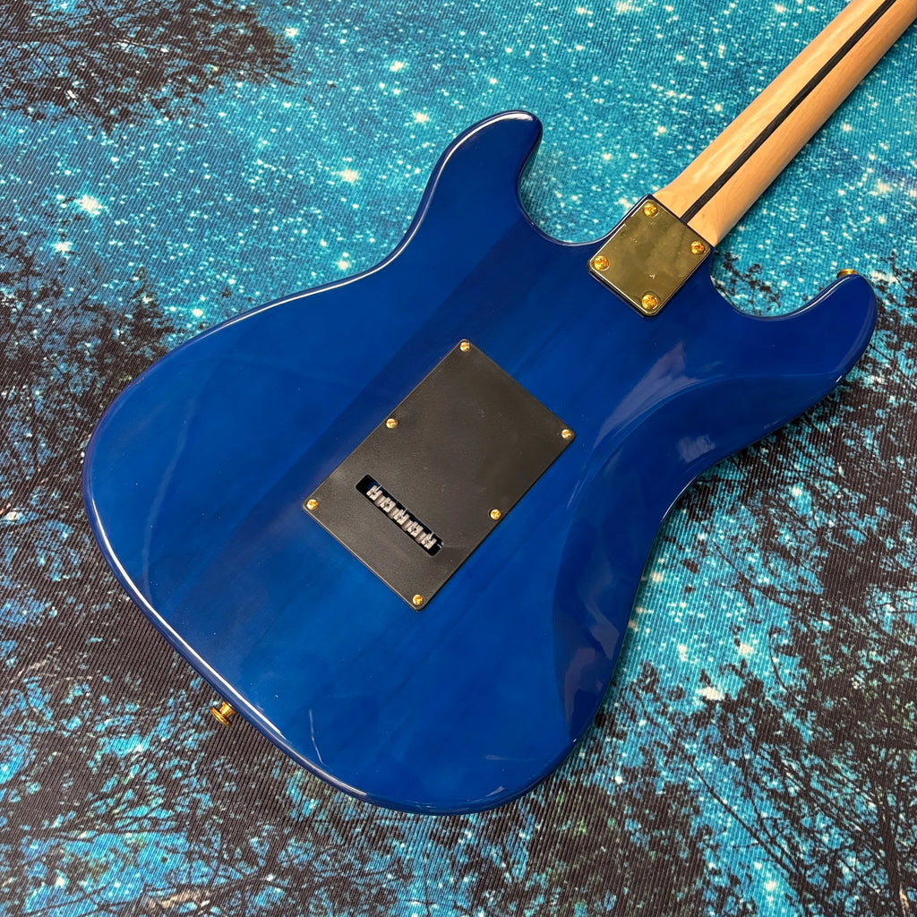 Guitarra eléctrica azul, guitarra con diapasón de palisandro, guitarra eléctrica con pastillas SSS