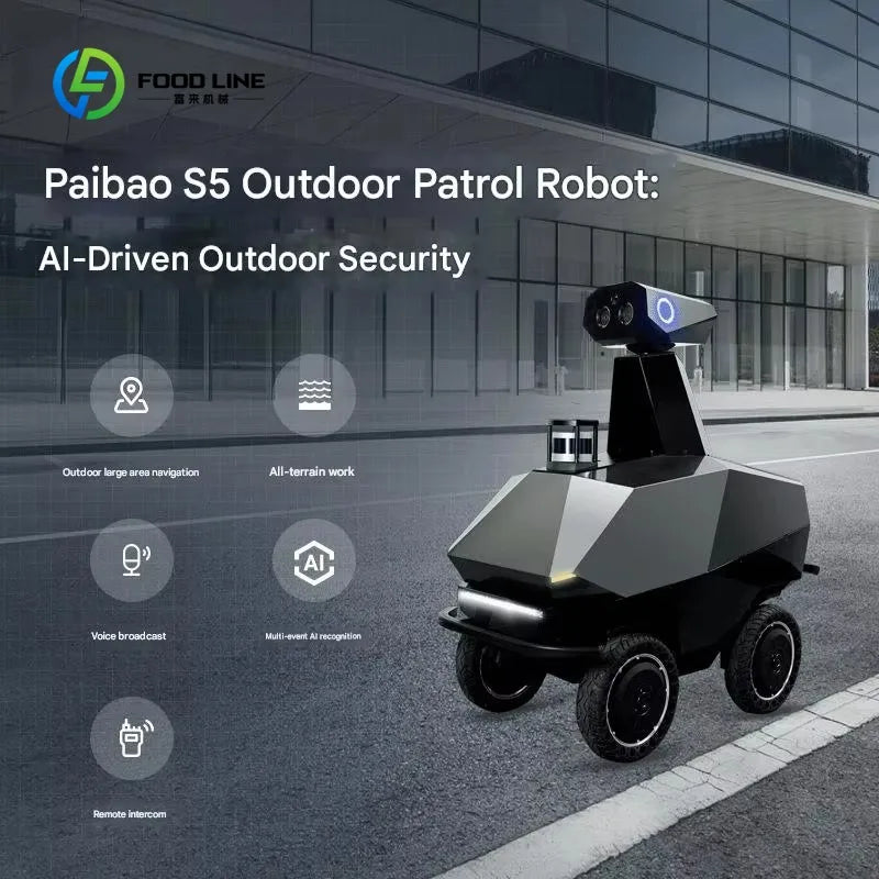 Robot patrulla autónomo FOOD LINE con torreta de sensores y luces delanteras en exterior.