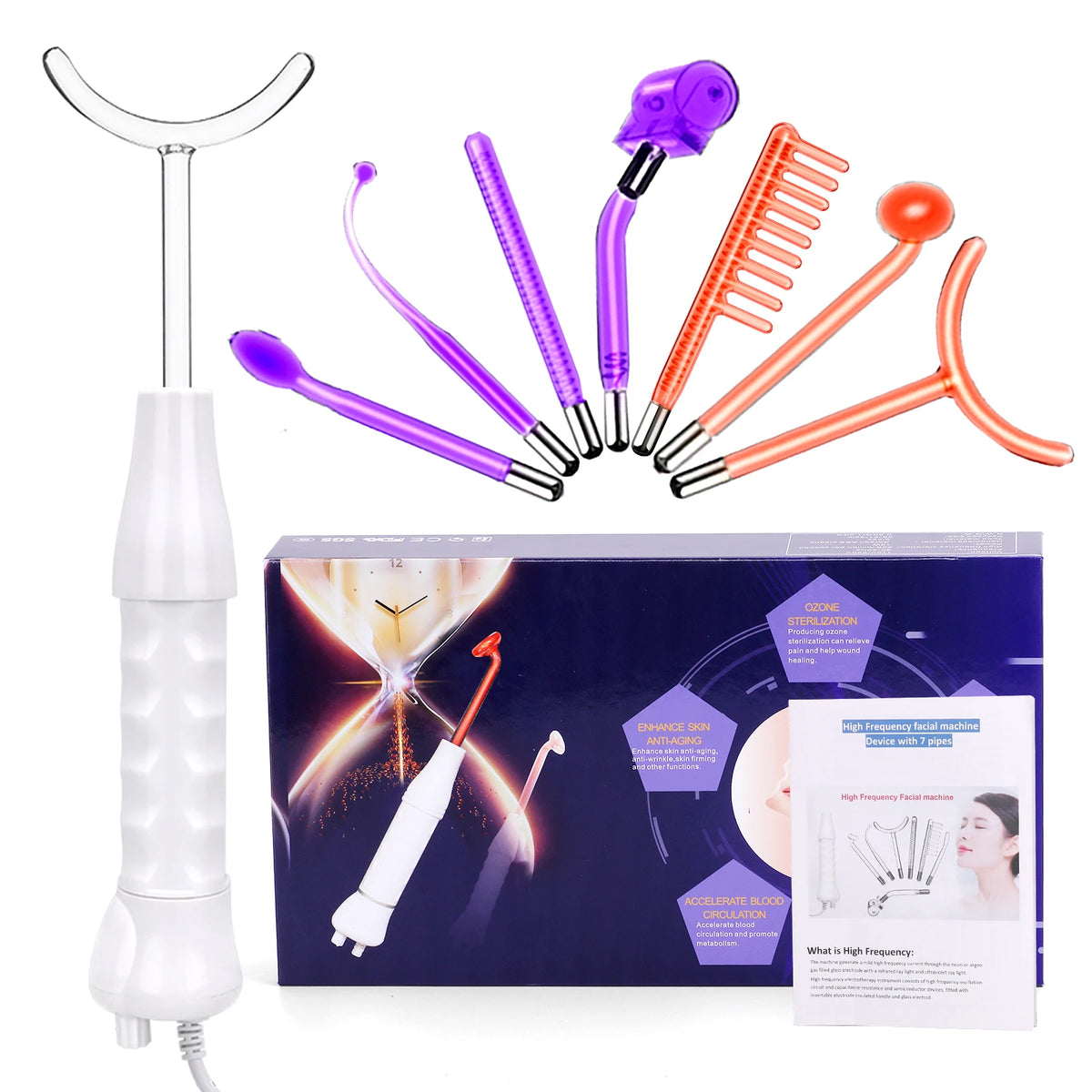 Máquina Facial de alta frecuencia 7 en 1, electroterapia, tubo de vidrio, varita de electrodo, terapia de belleza, eliminador de arrugas y manchas de acné hinchadas