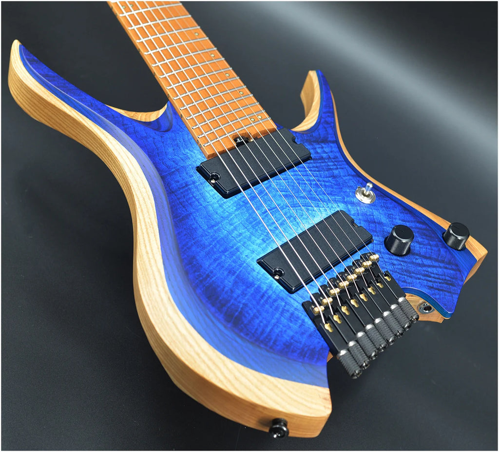 Guitarra NK 2026, con trastes en forma de abanico, 8 cuerdas, cuello con unión en forma de cuña, guitarra eléctrica sin clavijero, color azul brillante, cuello de arce, envío gratuito.