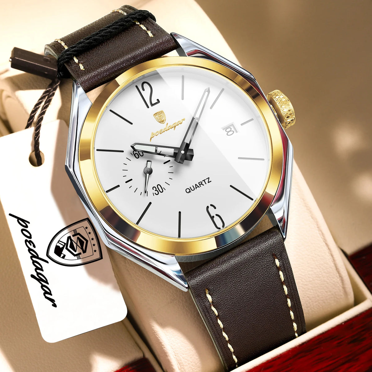 Reloj de hombre POEDAGAR de alta moda, con correa de piel, fecha, cuarzo, estilo negocios, resistente al agua, luminoso y casual