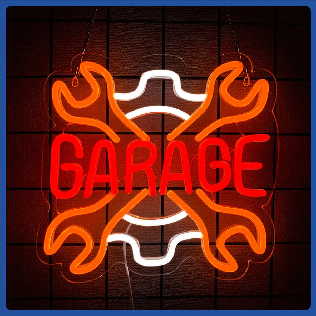 Señal de neón LED para pared 'GARAGE' con llave cruzada naranja y contorno blanco