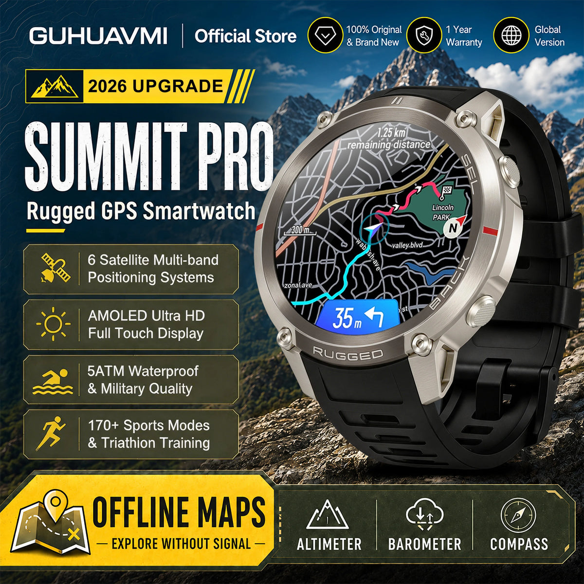 Reloj Inteligente GPS con Mapa Satelital Militar 2026, para Hombre, Pantalla AMOLED de 1.43'', Llamadas Bluetooth, Brújula, Resistente al Agua 5ATM, 170+ Deportes