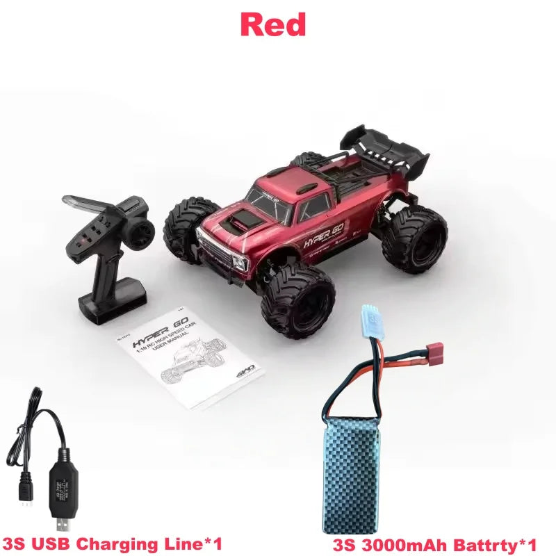 Coche RC todoterreno rojo 1:10 con control remoto, batería y cableado, ruedas grandes