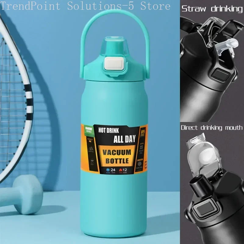Botella térmica de acero inoxidable de gran capacidad, 1,2 litros, con aislamiento, doble tapa, pajita integrada, ideal para el gimnasio y para llevar agua.