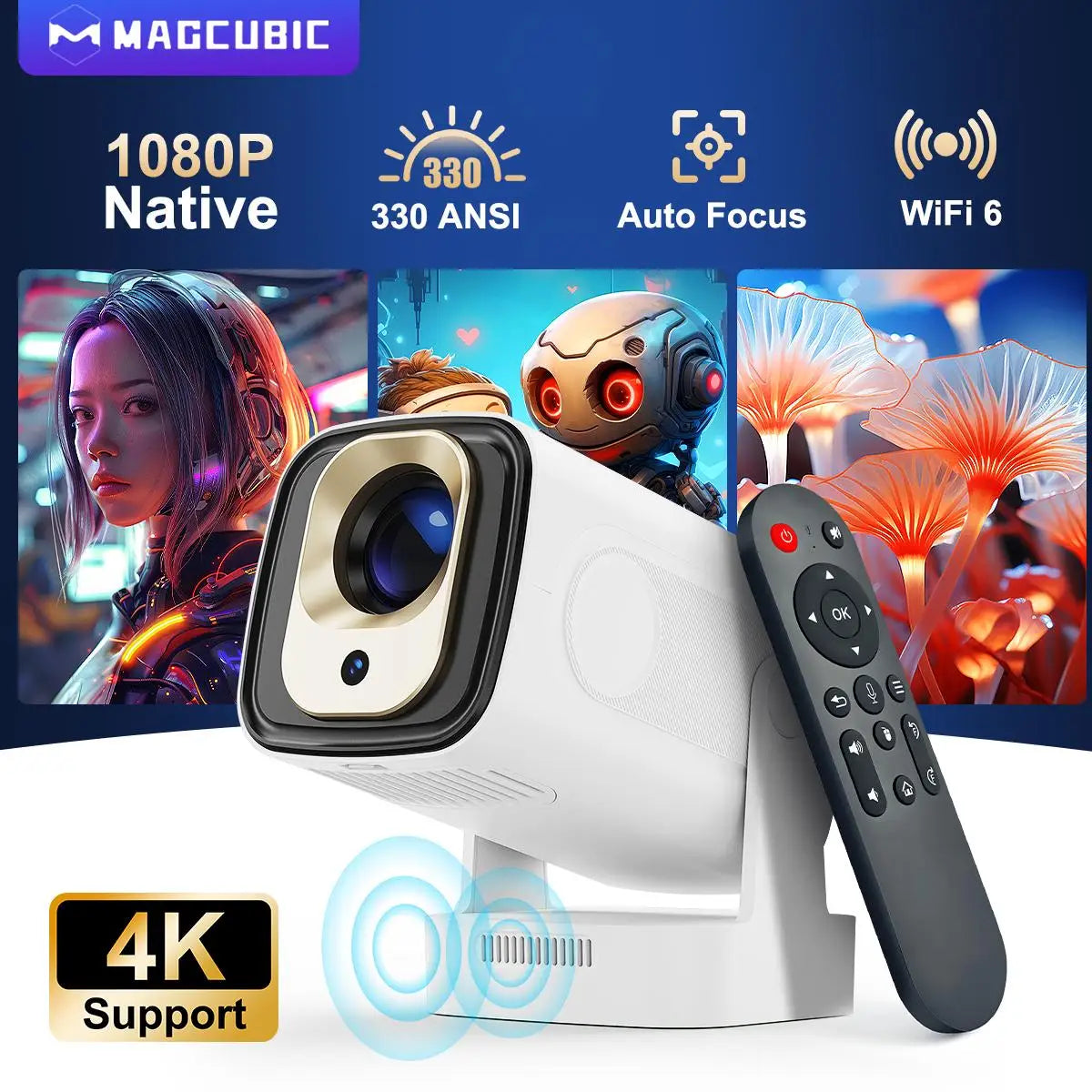 Proyector compacto blanco con control remoto tipo air mouse y lente circular