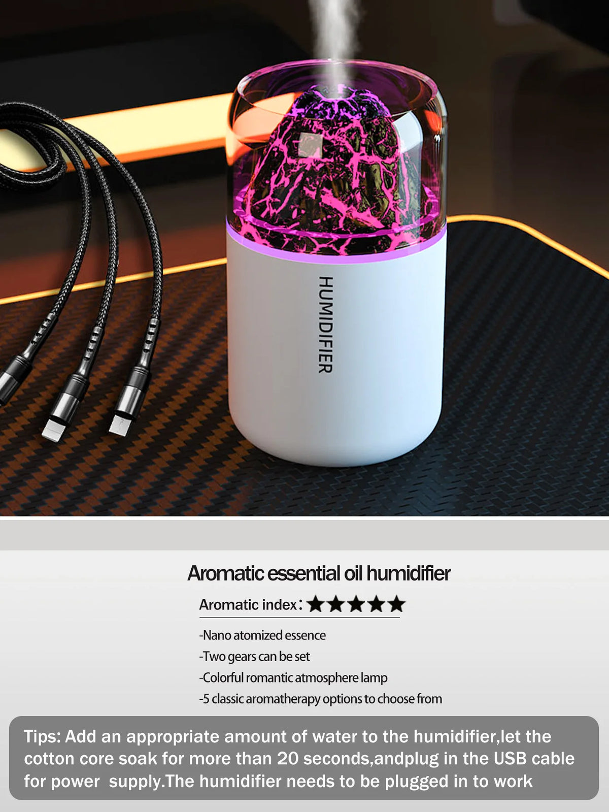 El difusor de aromaterapia USB humidificador con lámpara de color volcánico simulado es adecuado para usar en automóviles, hogares, dormitorios, como regalo,