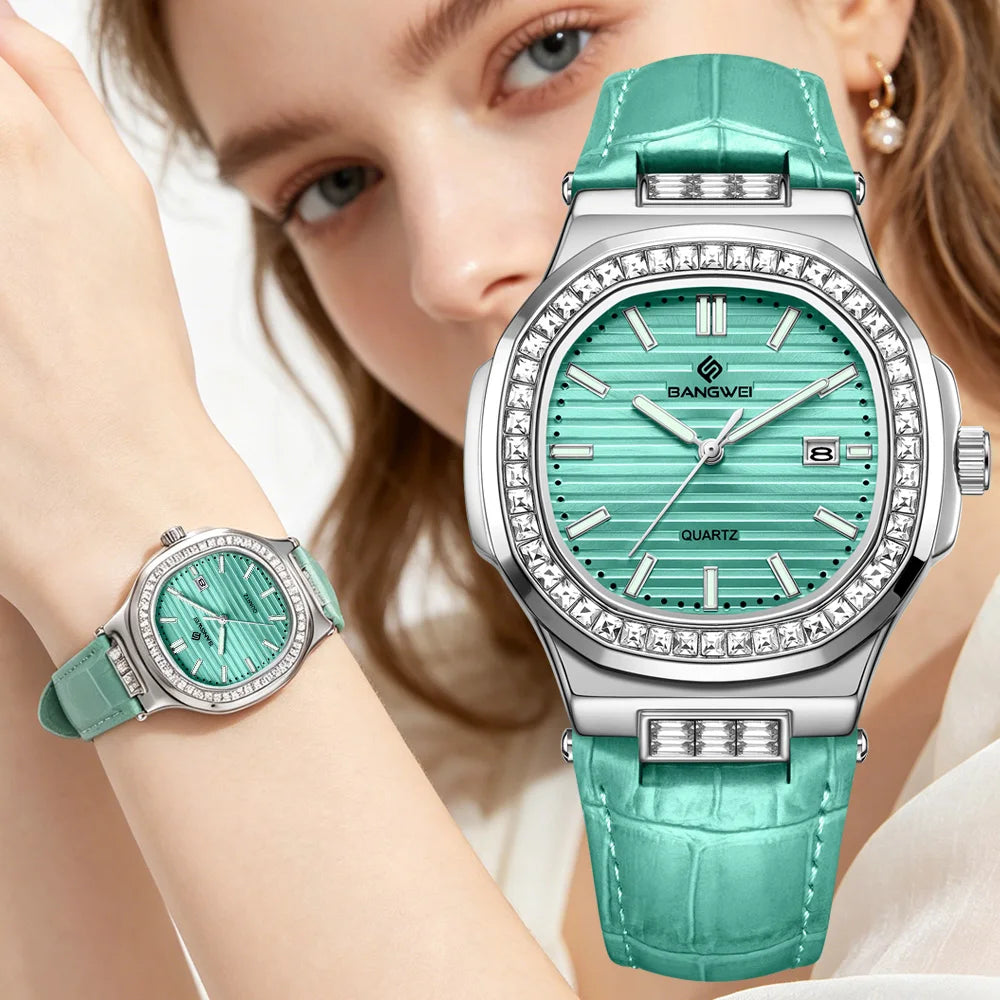 Reloj de cuarzo para mujer BANGWEI, nuevo diseño, elegante y de lujo, esfera sencilla con diamantes, retro, de cuero, con fecha, resistente al agua y luminoso.
