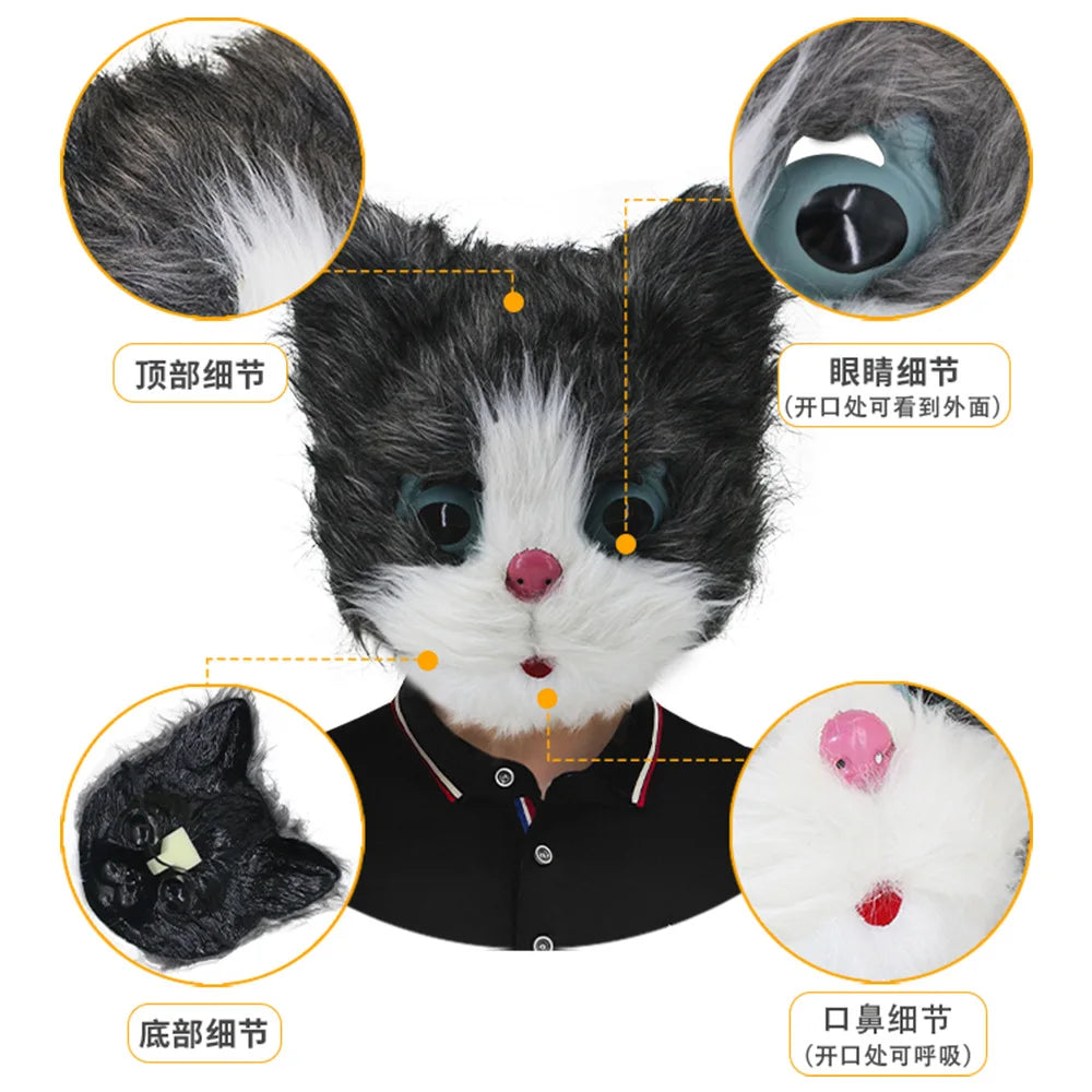 Máscara de látex con pelo de gato negro, casco aterrador, disfraz divertido de animal, capucha con pelo, accesorio para la cabeza, para adultos, para fiestas de Halloween