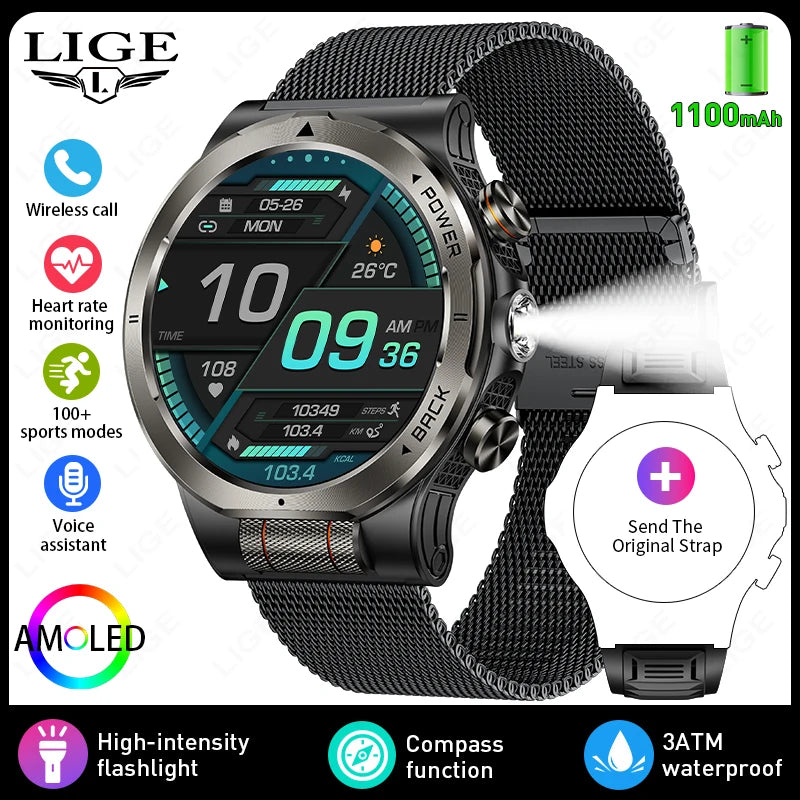 LIGE 2026 New 1100mAh Battery Smart Watch Waterproof Sports Tracker Health Monitoring Outdoor Compass Smartwatch With Flashlight