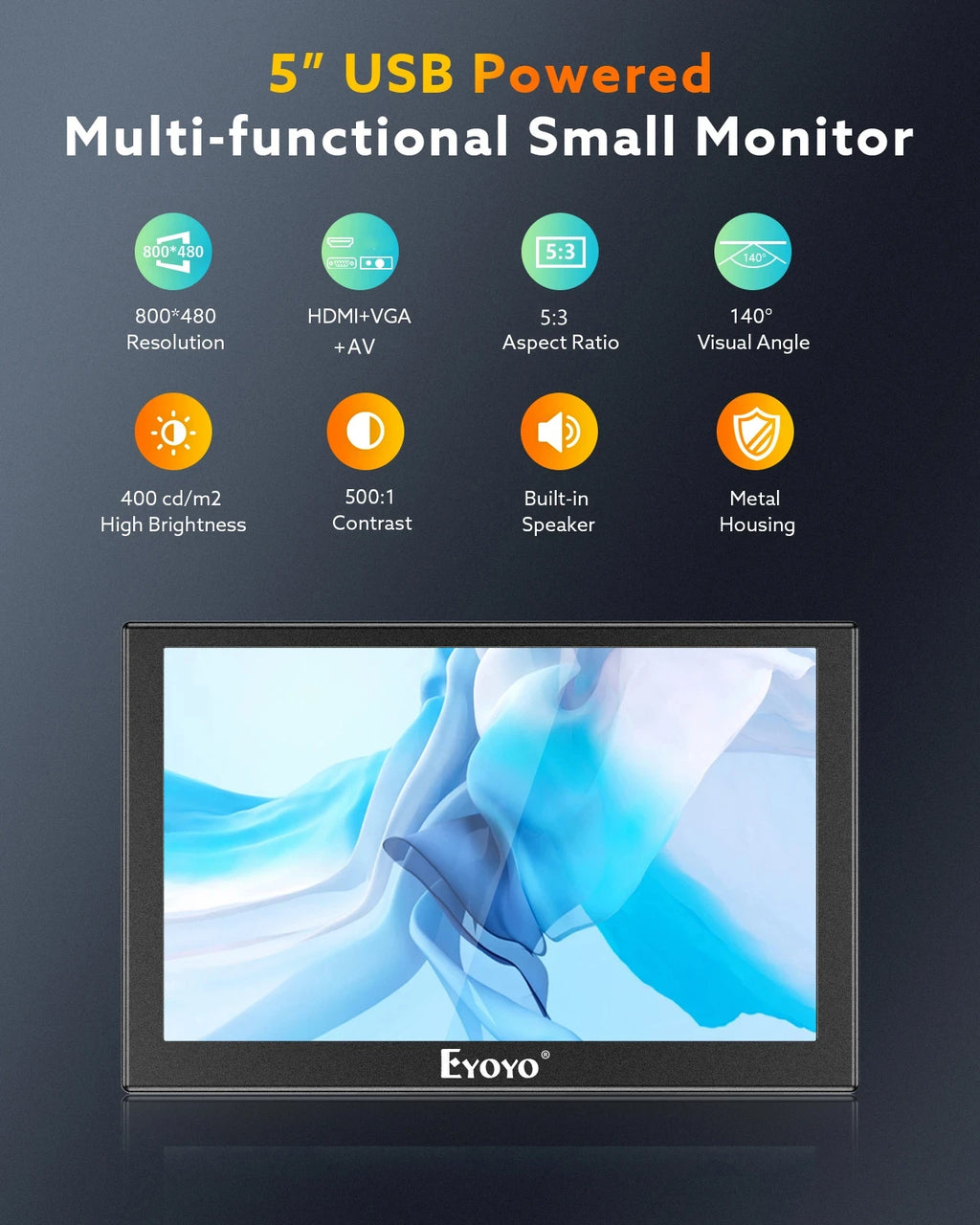Monitor externo portátil Eyoyo con pantalla LCD mini de 5/7/8 pulgadas y panel TFT; pequeño monitor de vídeo para cámaras con orificio para tornillo de 1/4 y puertos HDMI, AV y VGA, para PC, DVD, DVR, CCD, DSLR