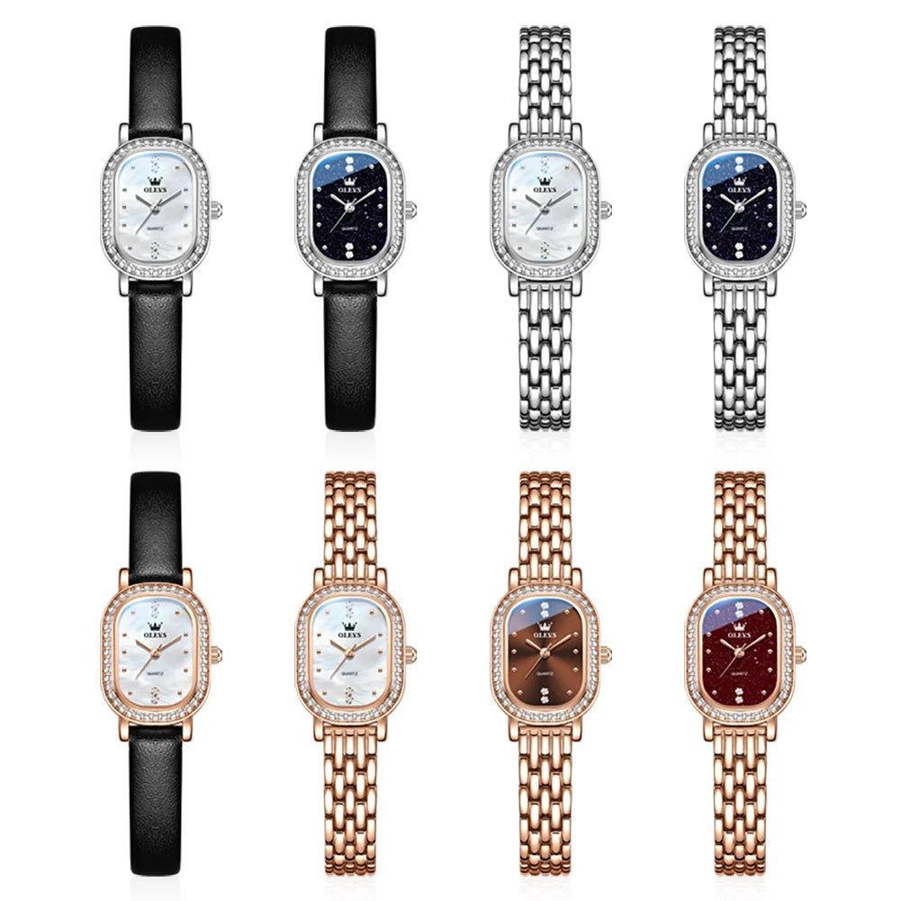 Reloj de pulsera para mujer OLEVS de lujo, diseño ovalado con bisel de cristal, cuarzo delgado, correa de piel y acero, elegante reloj multicolor 5697