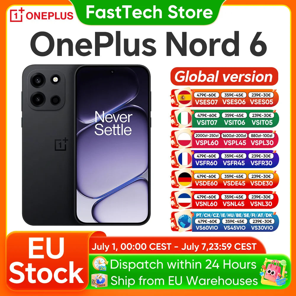 Smartphone OnePlus Nord 6 5G Versión UE, Snapdragon 8s Gen 4, 165Hz, 165FPS, pantalla AMOLED de 6,78”, 7500mAh, carga SUPERVOOC de 80W, cámara principal SONY de 50MP con OIS de "doble eje"