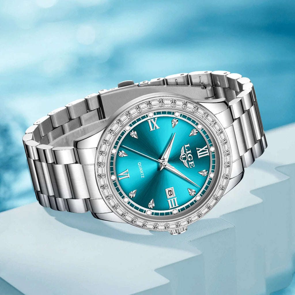 LIGE Original Quartz Watch for Women Diamond Dial Stainless Steel Waterproof Luminous Elegant Women's Wristwatches Reloj Mujer