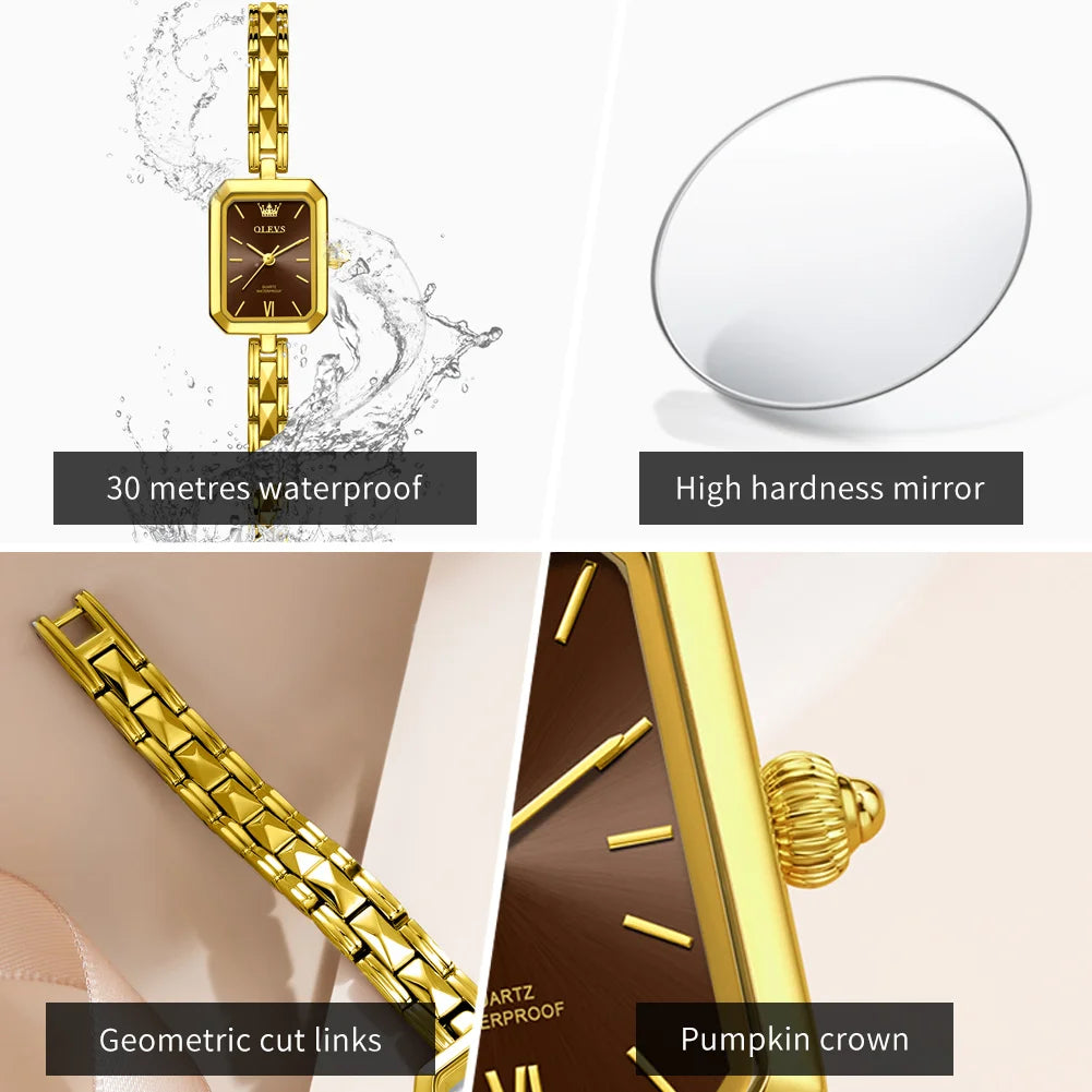 OLEVS Fashion Rectangle Women Watches Luxury Stainless Steel Gold Bracelet Analog Quartz Wristwatch For Ladies Clock Reloj Mujer
