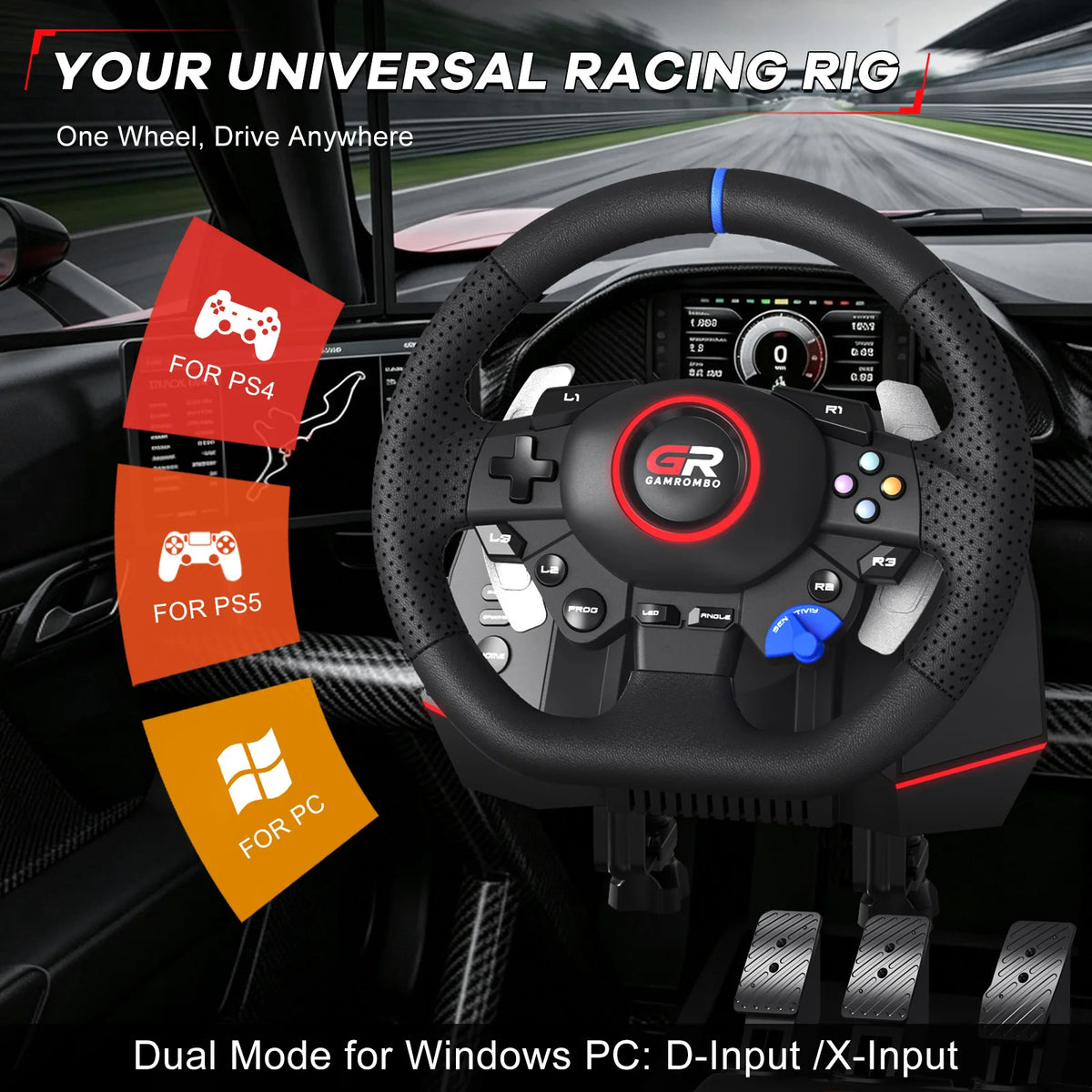 Volante de carreras para PS5/PS4/PC, 270° y 900°, volante de simulación de juegos con pedales de efecto Hall RGB y mapeo de macros PROG