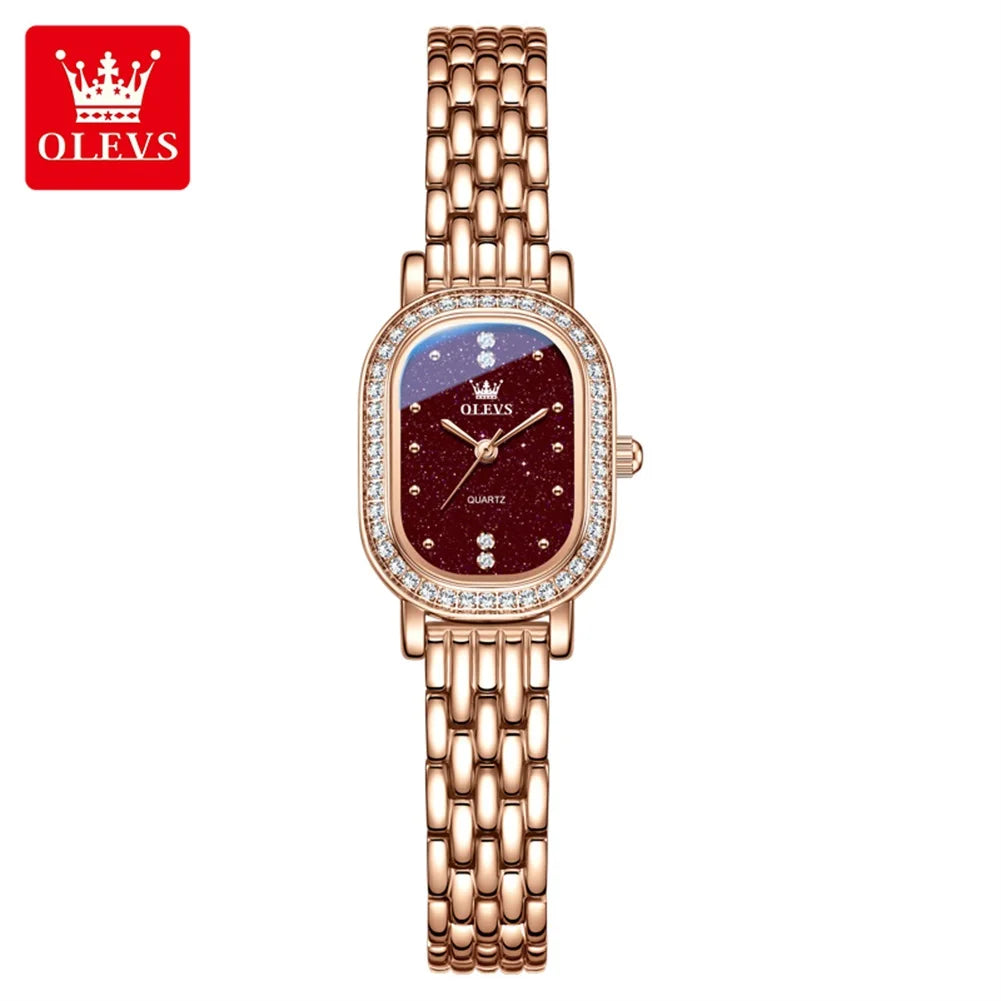 Reloj de pulsera para mujer OLEVS de lujo, diseño ovalado con bisel de cristal, cuarzo delgado, correa de piel y acero, elegante reloj multicolor 5697