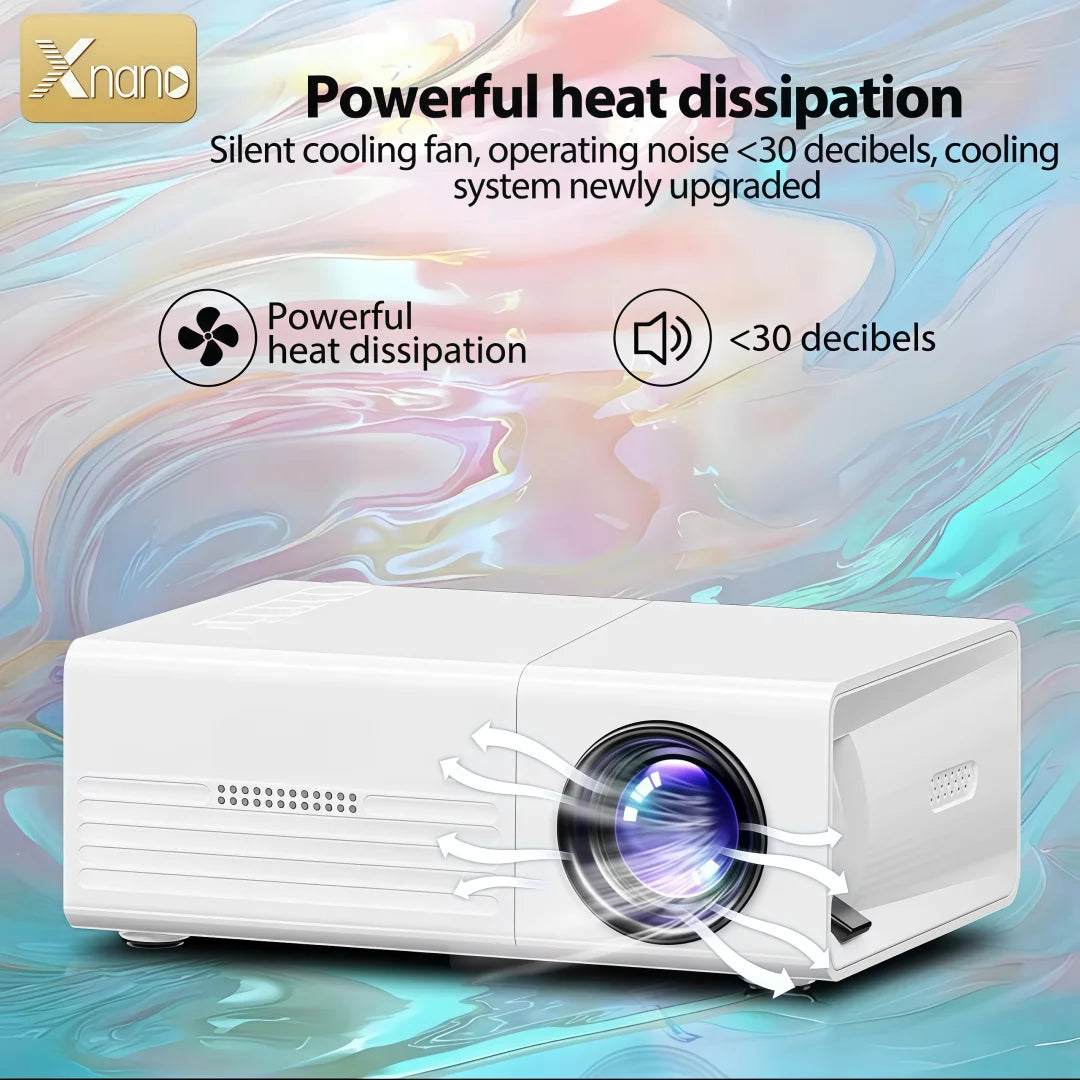 Proyector LED portátil blanco con ventilación y lente frontal iluminada