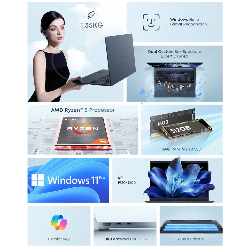 Portátil ultraligero CHUWI CoreBook Air Plus de 16'', procesador AMD R5 6600H, 16 GB de RAM, SSD de 512 GB, ordenador con Windows 11