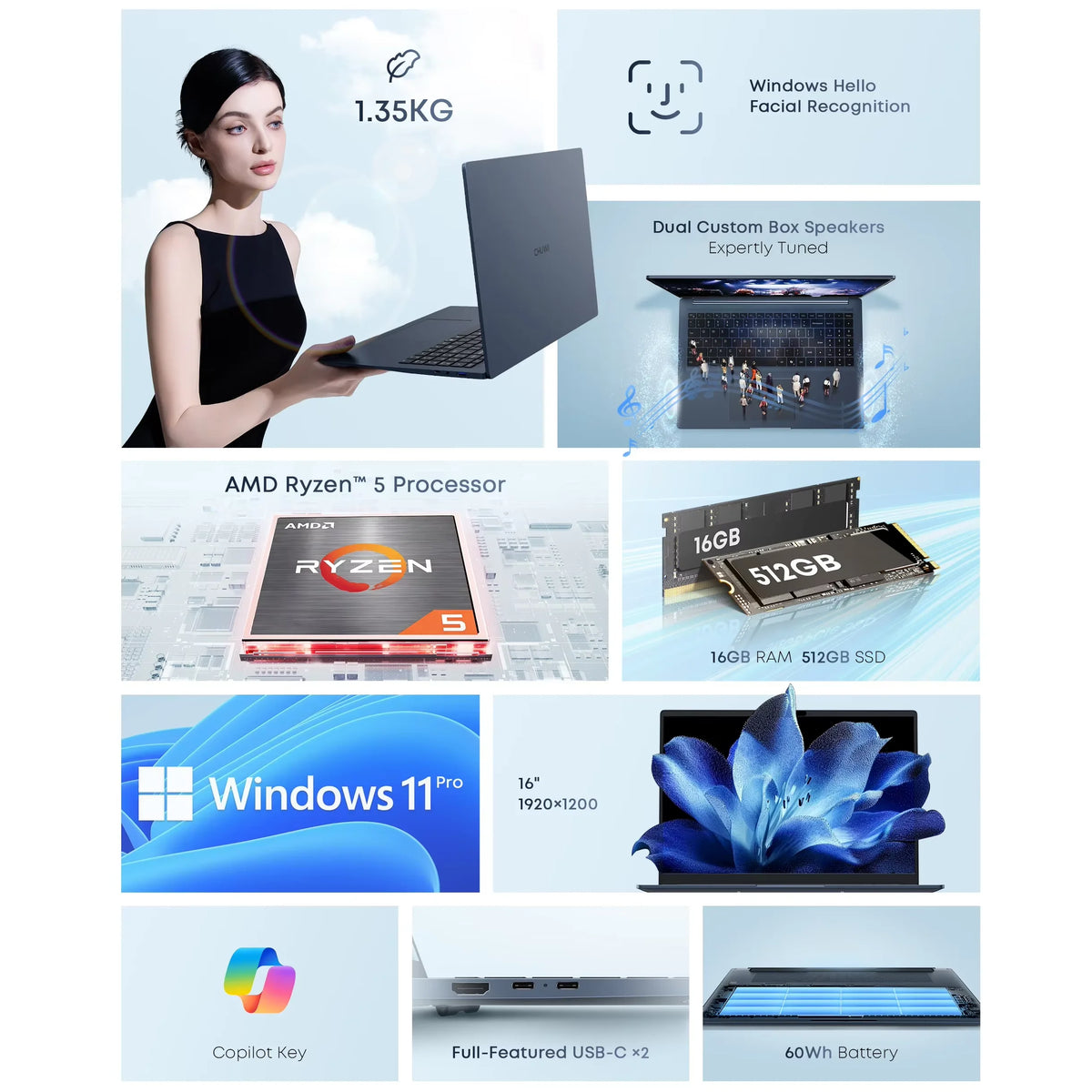Portátil ultraligero CHUWI CoreBook Air Plus de 16'', procesador AMD R5 6600H, 16 GB de RAM, SSD de 512 GB, ordenador con Windows 11