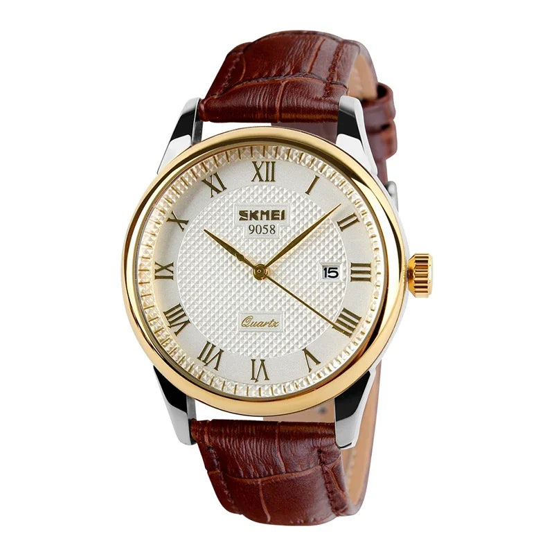 Reloj de cuarzo para hombre Skmei, resistente al agua 3Bar, reloj de pulsera para hombre, marca superior de lujo con correa de cuero 9058