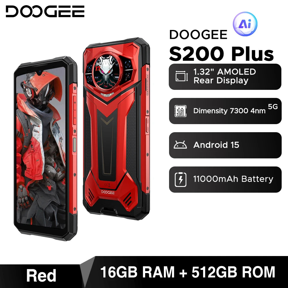 Estreno mundial del teléfono inteligente ultra resistente DOOGEE S200 Plus 5G con IA, Dimensity 7300, pantalla trasera de 1,32", 12+512 GB, pantalla de 6,72" y batería de 10100 mAh