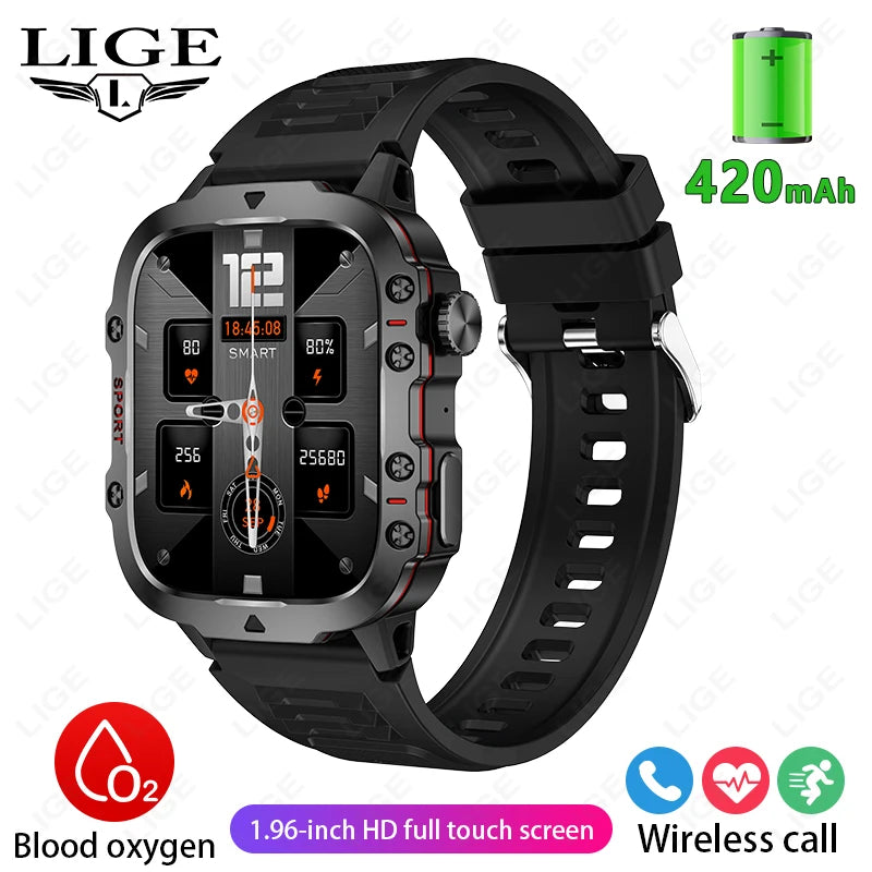 LIGE Nuevo Reloj Inteligente Pantalla de 1.96 Pulgadas 420 mAh Llamada Bluetooth Asistente de Voz Reloj Deportivo Fitness Reloj Inteligente Impermeable para Hombre