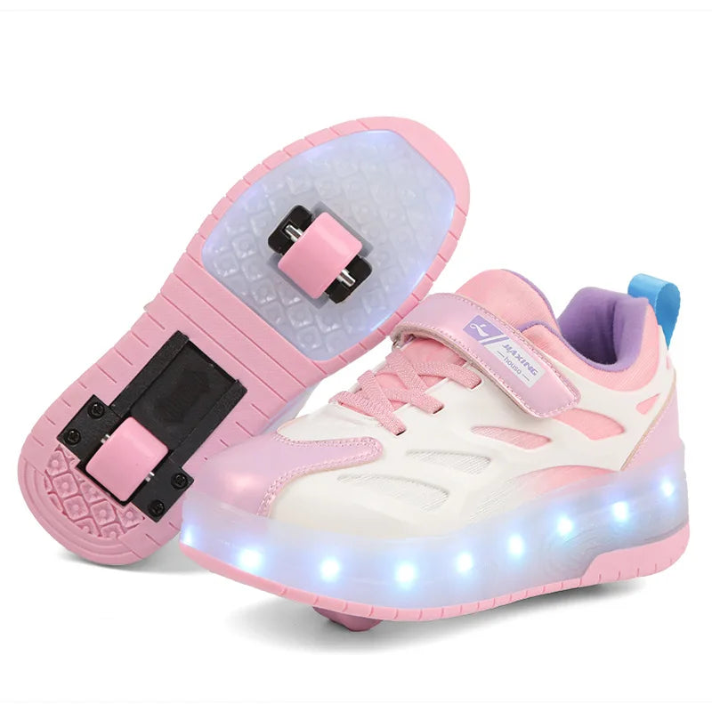 Zapatos de 2 ruedas con luces LED, patines en línea para niños y niñas, patinaje al aire libre, Parkour Runaway, talla de zapatillas 29 30 31 32 33 34 35-40