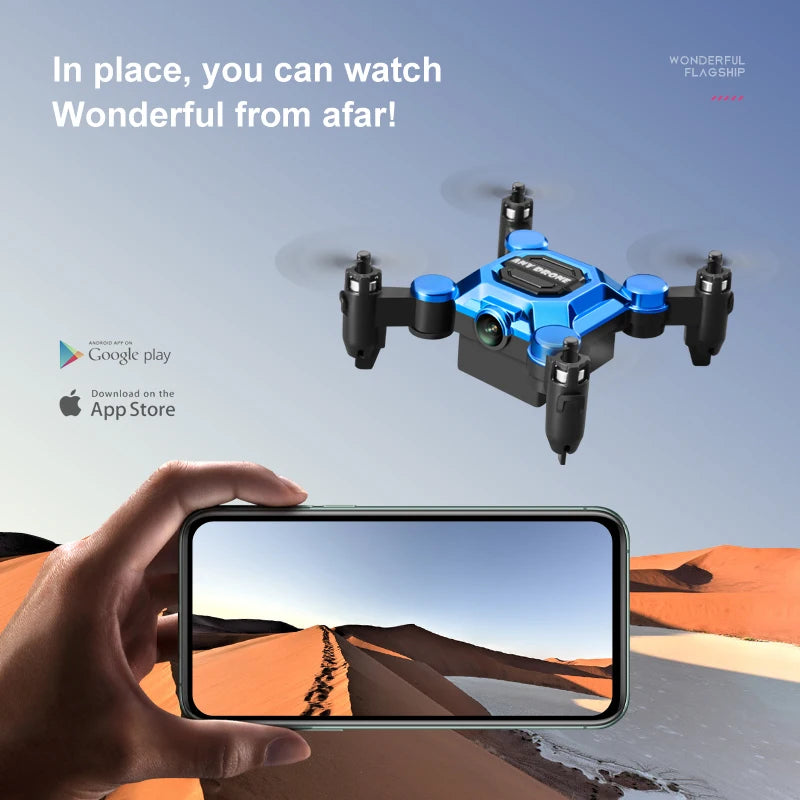 Dron mini plegable azul con cámara y control en pantalla de teléfono en primer plano