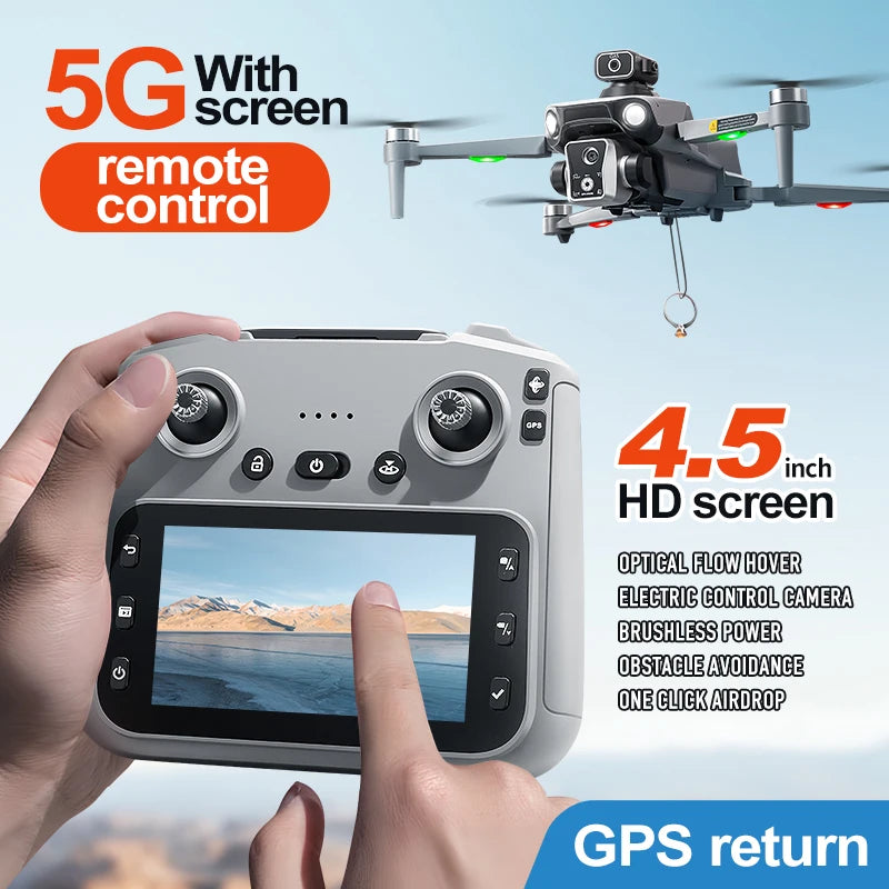 Control remoto gris con pantalla HD de 4,5" y dron gris con cámara