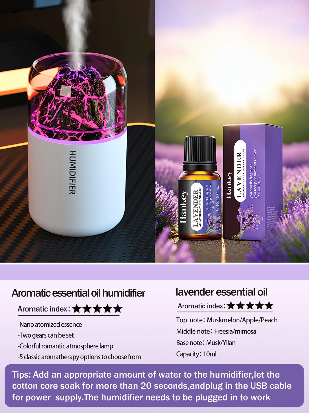 El difusor de aromaterapia USB humidificador con lámpara de color volcánico simulado es adecuado para usar en automóviles, hogares, dormitorios, como regalo,