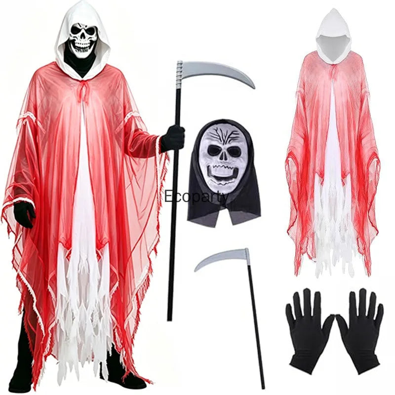 Horror Grim Reaper Costume Set Adult Halloween Ghost Dementors Cosplay Hooded Cloak with Mask Glovs for Day of The Dead Party