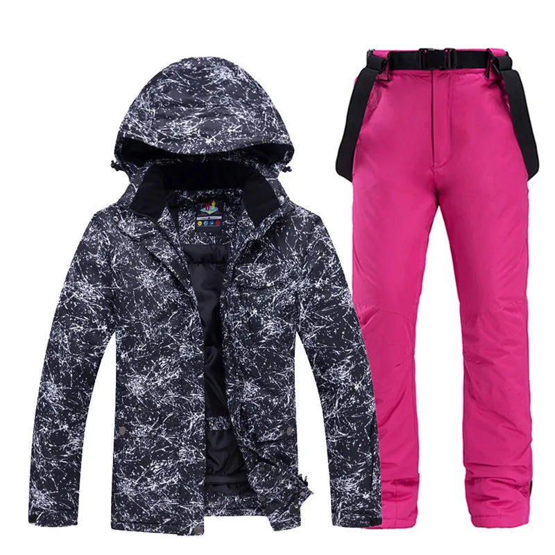 -30 Conjuntos de trajes de nieve blancos para hombres o mujeres Ropa de invierno al aire libre Ropa de snowboard Disfraces impermeables Chaqueta de esquí + Baberos de pantalón de nieve