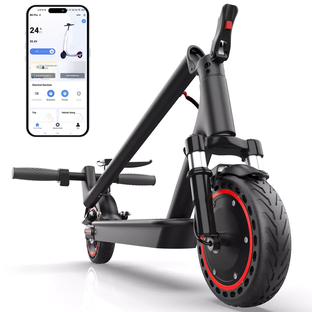 Patinete eléctrico negro con rueda delantera, guardabarros y mecanismo de plegado.