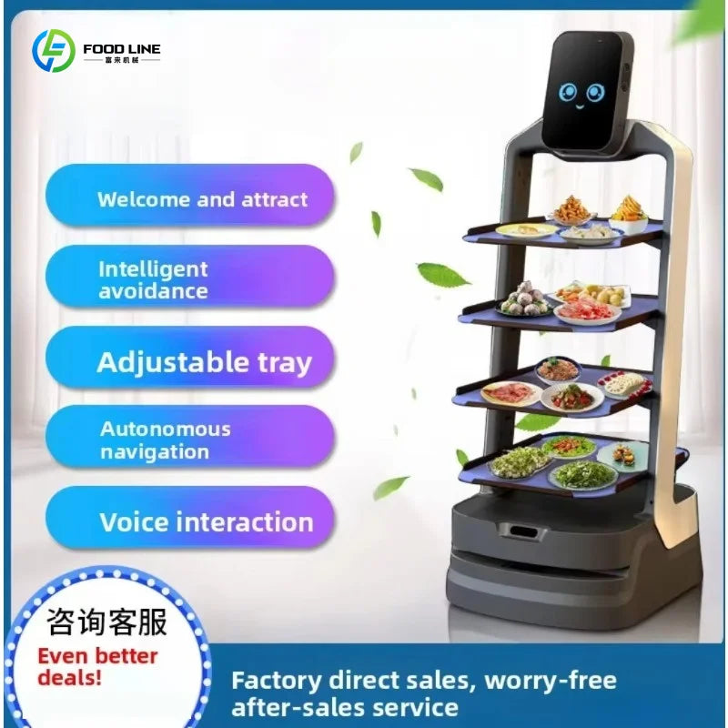 Robot de servicio con estantería de bandejas y pantalla frontal negra con dos iconos