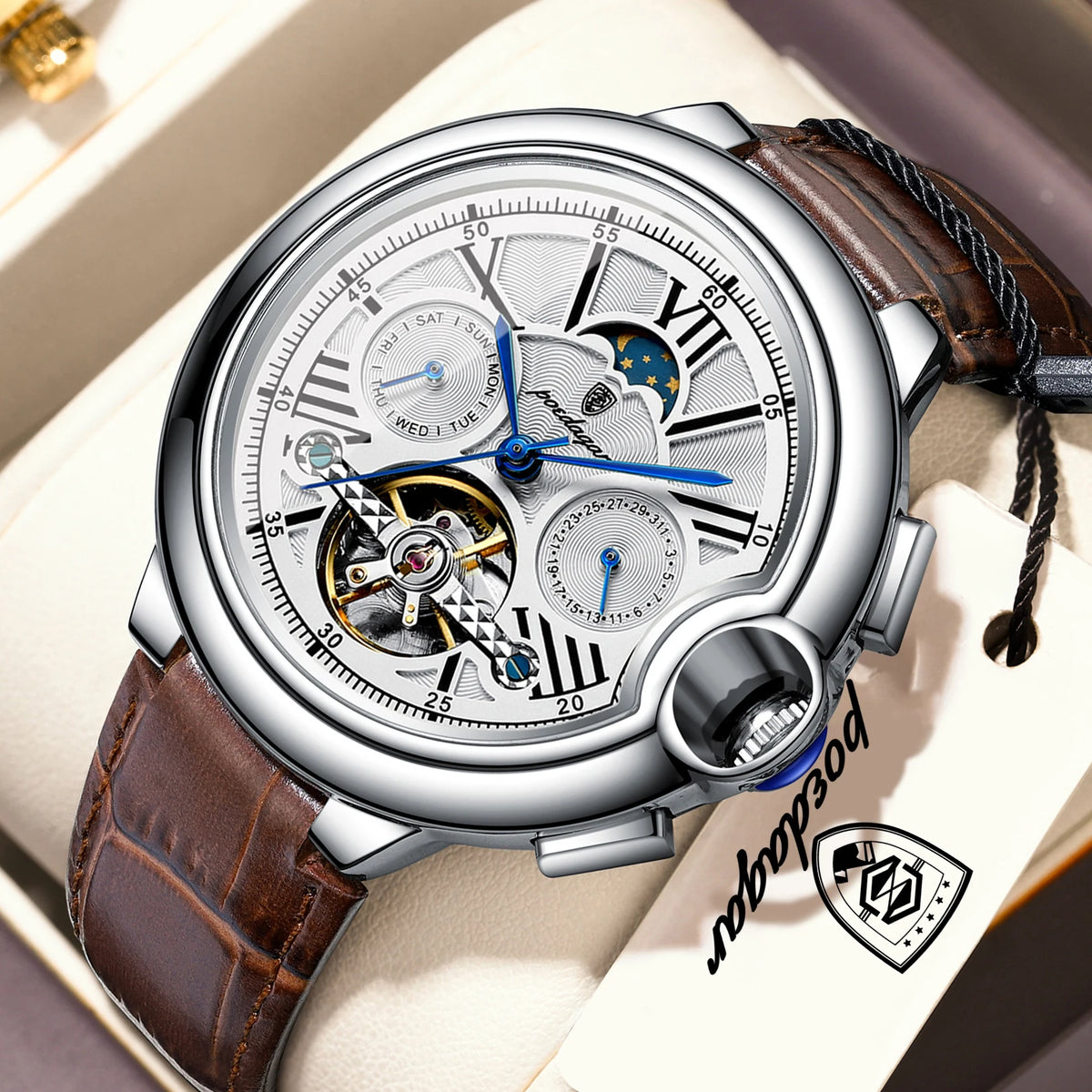 Reloj mecánico automático de lujo para hombre POEDAGAR, con fecha, semana, tourbillon, correa de piel, resistente al agua y diseño de negocios.