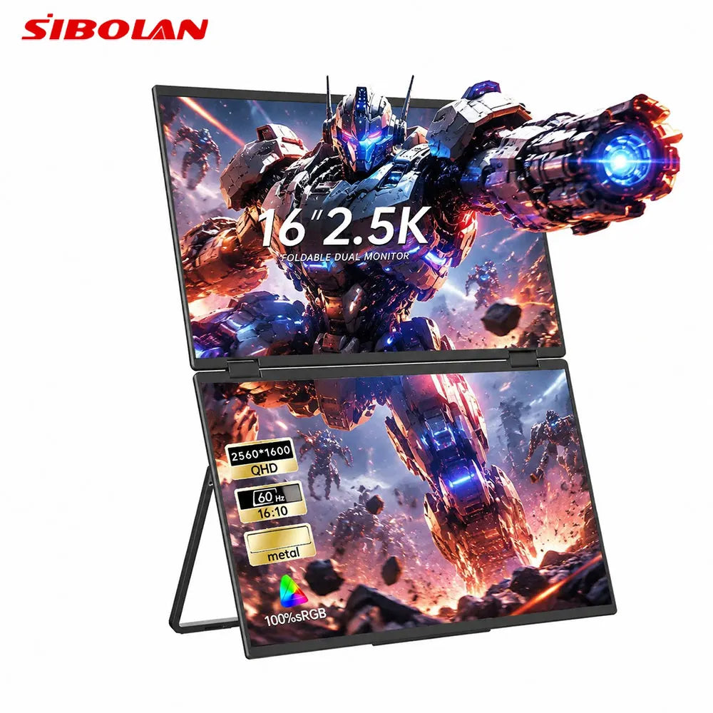 Monitor portátil Sibolan de 16 pulgadas y 2.5K con doble pantalla, 60Hz, 100% sRGB, HDMI, USB-C, cuerpo metálico, extensor de pantalla para portátiles con Windows y Mac