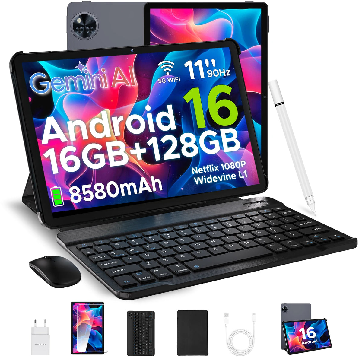 Tablet PC DOOGEE U11 con Android, pantalla ultraclara de 16 pulgadas y 90Hz, 4 GB de RAM, 128 GB de ROM, batería de 8580 mAh, altavoz dual, compatible con Widevine L1
