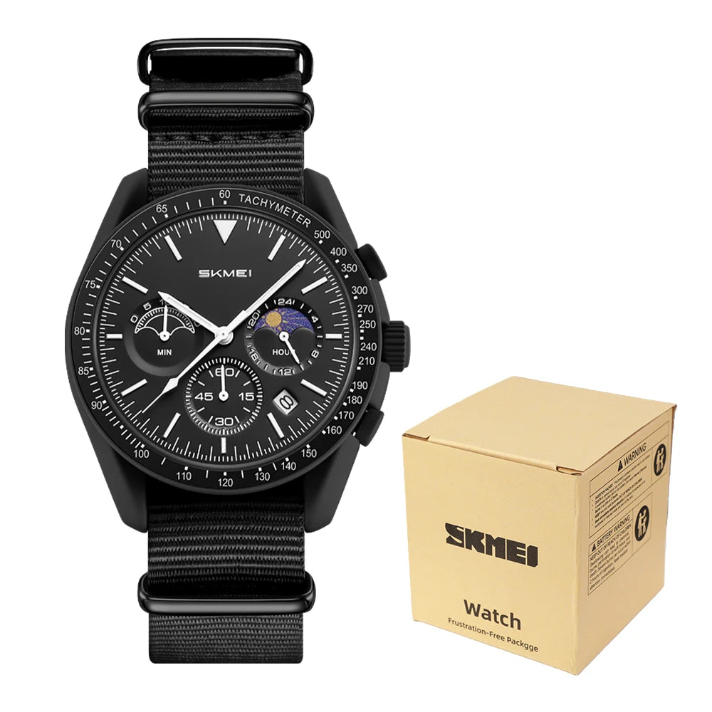 Reloj de cuarzo para hombre SKMEI 9392, resistente al agua 30M, reloj juvenil de moda para hombre, subesferas con diseño de sol y luna, correa de nailon, temporizador de cuenta regresiva