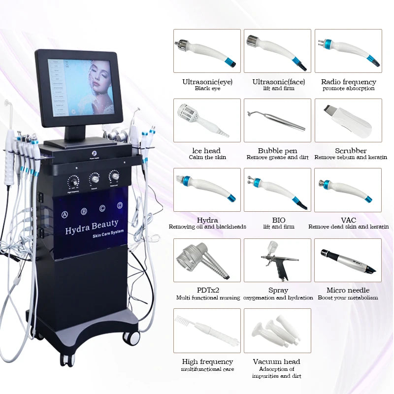 Máquina profesional de oxígeno Hydra 15 en 1 para el cuidado de la piel Facial Hydro Aqua hidratante máquina de limpieza profunda con análisis de la piel