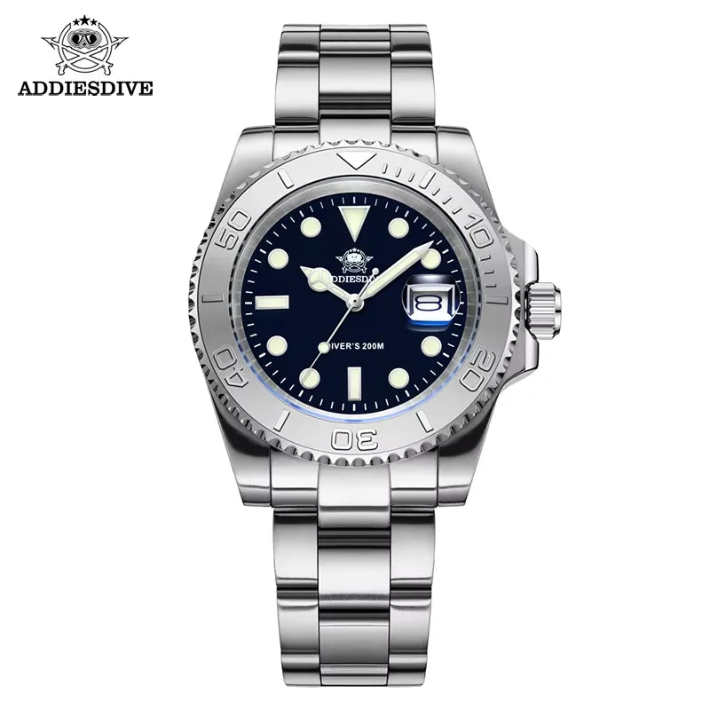 Reloj de cuarzo para hombre ADDIESDIVE, resistente al agua 200 m, bisel de cerámica, reloj de acero, cristal con lupa, luminiscencia azul BGW9, reloj de buceo