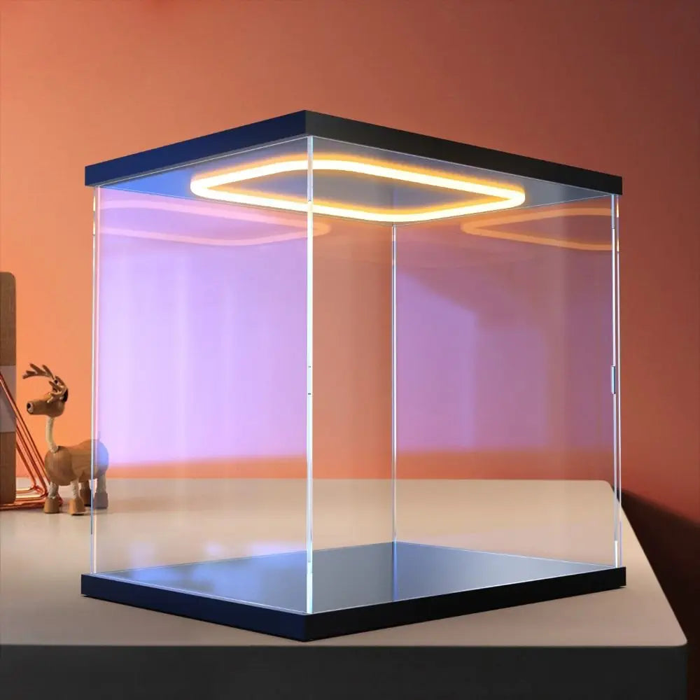 Vitrina de acrílico transparente para anillos con luces LED, caja de exhibición a prueba de polvo, vitrina de estilo moderno de alta transparencia