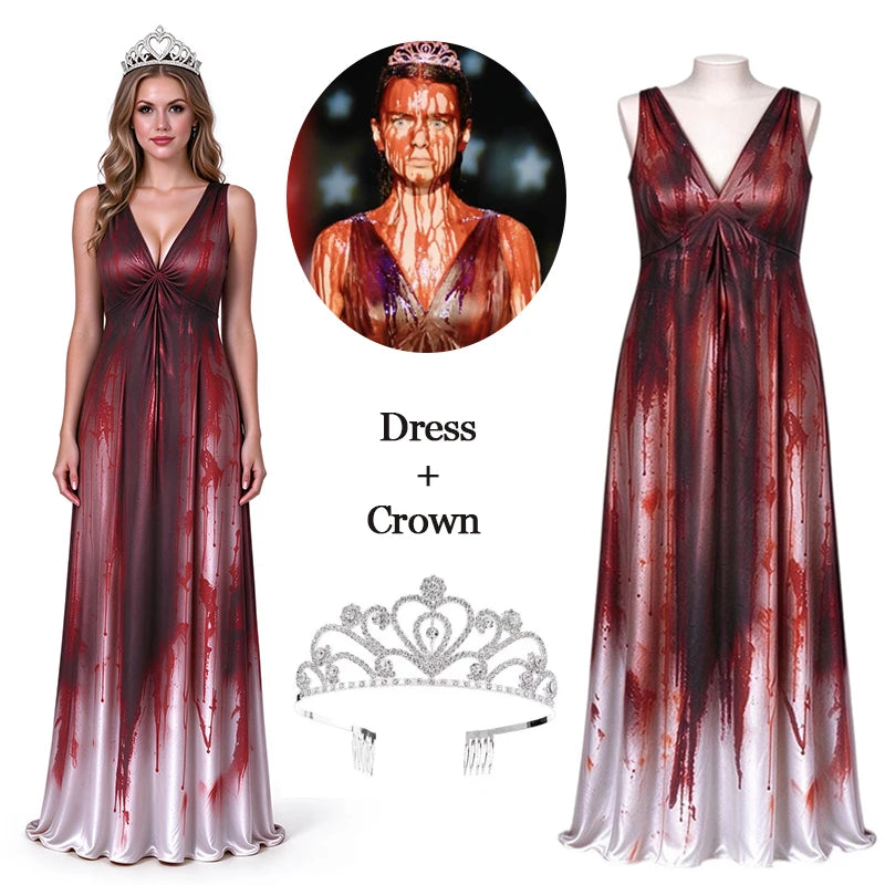 Disfraz Carrie White 2026 Nueva Serie Reina del Baile Sangrienta Mujer Halloween Cosplay Vestido Largo Con Tiara Corona Manchas de Sangre Fiesta de Terror