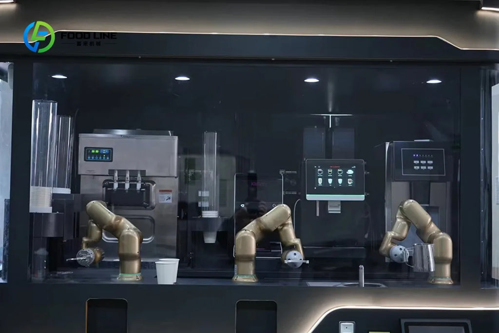 Máquina de café robótica con brazos articulados y controles visibles tras el cristal
